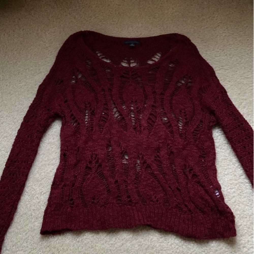 American Eagle Outfitters Women's Maroon Open-Knit Scoop Neck Sweater